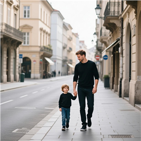 欧美街头爸爸牵着孩子的手图片